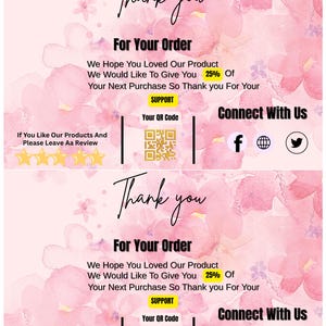 Cartão de agradecimento profissional | Encarte para embalagem de pequenas empresas | Código QR | Cartão floral rosa editável