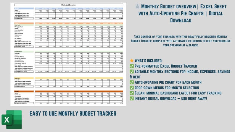 Monthly Budget Overview | Excel Sheet With Auto-updating Pie Charts ...