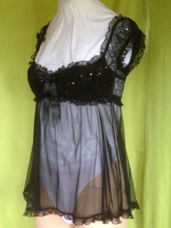 Sequin Embellished Negligee/Fine Black Mesh Night… - image 2