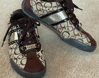 Vintage Y2K Guess Monogram Sneakers Size 6.5/GUESS Logo Driver Shoes/Luxury Running Trainers/Brown Running Shoes 6.5/Guess Signature Shoe