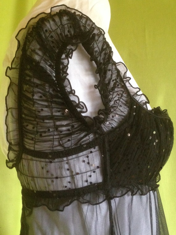 Sequin Embellished Negligee/Fine Black Mesh Night… - image 5