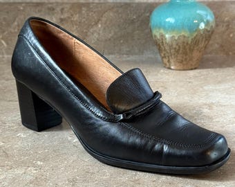 BLONDO Black Leather Shoes 7.5/Square Chunky Heel Shoes/Black Leather Slip-On Shoes/Casual Leather Walking Shoe/Black Leather Dress Shoes