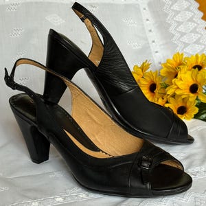 BLONDO des années 80 vintage sandales en cuir noir/cuir chaussures à bride arrière en cuir noir peep toe chaussures/femmes en cuir noir chaussures d'été taille