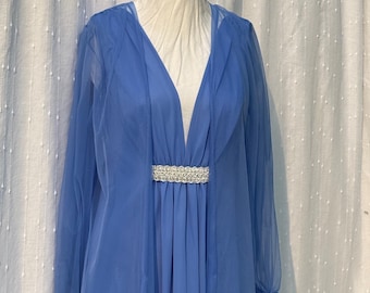 60s Vintage Blue Peignoir Set: Chiffon Cover-Up, Size M