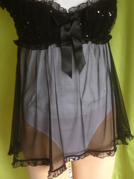 Sequin Embellished Negligee/Fine Black Mesh Night… - image 7