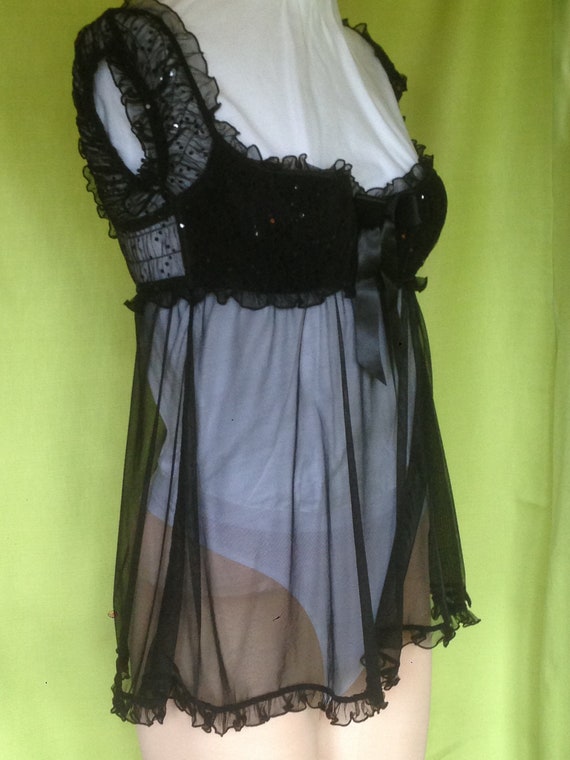 Sequin Embellished Negligee/Fine Black Mesh Night… - image 4
