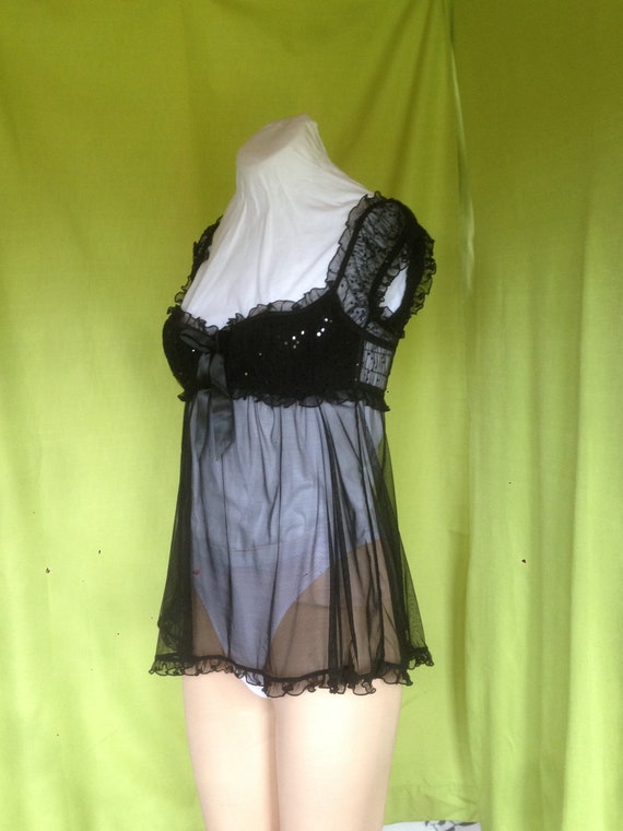 Sequin Embellished Negligee/Fine Black Mesh Night… - image 1