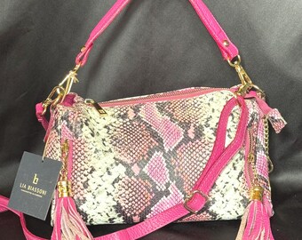 NEW Handcrafted Italian Leather Bag/Tassel Embellished Bag/Python Print Leather Shoulder Bag/Lia Biassoni Bag/90s/Y2K Vintage Top Handle Ba