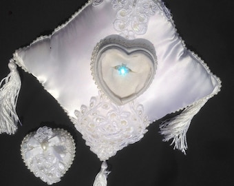 Embellished Ring Pillow & Heart Shaped Ring Box/White Wedding Ring Pillow/Pearl Embellished Ring Pillow/Vintage Sequined Wedding Ring Pillow