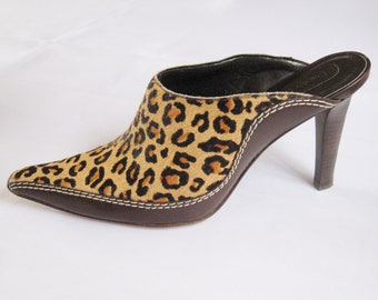 Calf Hair High Heel Mules/Womens Leather Shoes Size 8M/Leopard Print Heel Shoes/Leather Slip On Summer Shoes Size 8/Pointy Toe Slip On Heels