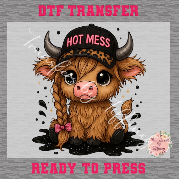 Hot Mess Cute Highland Cow DTF, Cute Snarky Bougie Western Cap Country Cow, Sarcasm Cute Cow for Shirt, Leopard Prints