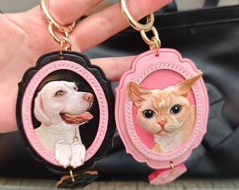 Custom Leather Pet Portrait Keychain / Hand-Painted Dog / Cat Bag Charm /Valentine's Day gift