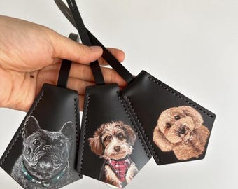 Hand-Painted Pet Portrait Leather Bag Tag: Personalized Dog /Cat Memorial Charm, Valentine's Day gift, Pet Loss Keepsake from photo