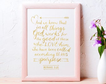 Christian Wall Art Gold Foil ~ God Works for the Good ~ Romans 8:28 ~ Hand-Lettered Design