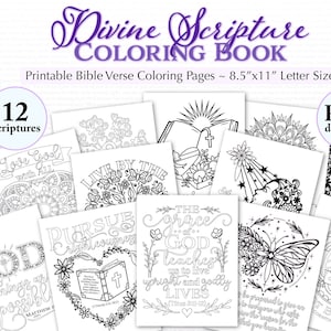 Puede incluir: Un libro para colorear en blanco y negro con 12 páginas para colorear de versículos bíblicos imprimibles. La portada presenta una variedad de imágenes, incluyendo una paloma, una mariposa, un león y un corazón con una cruz. El título "Divine Scripture Coloring Book" está escrito en una fuente decorativa. El texto "Páginas para colorear de versículos bíblicos imprimibles - 8,5"x11" Tamaño carta" también está incluido. El texto "Descarga PDF" está en un círculo morado.