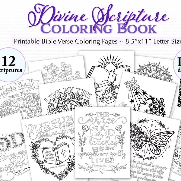 Divine Scripture Coloring Book ~ 12 Bible Verse Coloring Pages for Adults ~ Printable 8.5x11