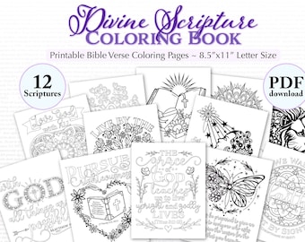 Divine Scripture Coloring Book ~ 12 Bible Verse Coloring Pages for Adults ~ Printable 8.5x11