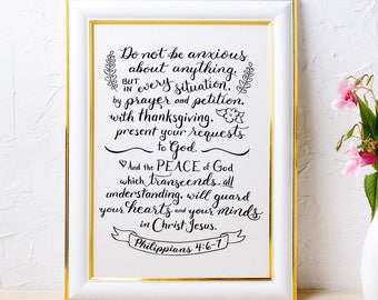 Bible Verse Wall Art ~ Prayer and Petition ~ Philippians 4:6-7 ~ Hand-Lettered Design