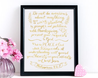 Christian Wall Art ~ Gold Foil ~ Prayer and Petition ~ Philippians 4:6-7 ~ Hand-Lettered Design