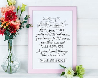 Bible Verse Wall Art ~ Fruit of the Spirit ~ Galatians 5:22-23 ~ Hand-Lettered Design ~ Black