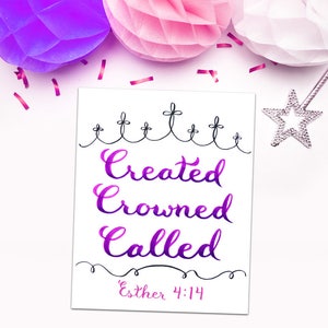 Christian Wall Art Esther 4:14 Created Crowned Called Hand-Lettered Design Pink Purple image 2