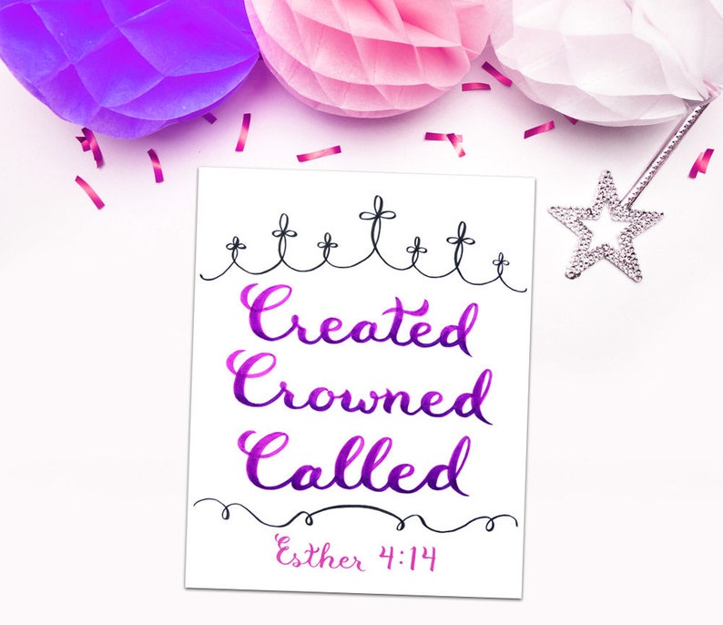 Christian Wall Art Esther 4:14 Created Crowned Called Hand-Lettered Design Pink Purple image 2