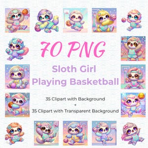 Chica perezosa kawaii con baloncesto PNG – Paquete de 70 imágenes prediseñadas de animales adorables – Imágenes transparentes y de fondo para sublimación y manualidades