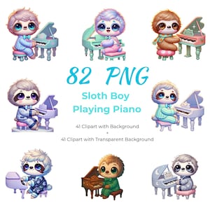 Piano Boy luiaard PNG-clipart – kawaii baby dieren digitale kunstbundel voor sublimatie, mokken, decor kinderkamer – 82 png-bestanden