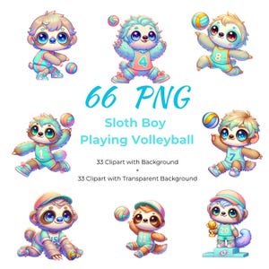 Volleybaljongen luiaard PNG-bundel – kawaii babydieren clipart voor sublimatie, mokken, kinderkamerdecoratie en doe-het-zelvers – 66 png-bestanden