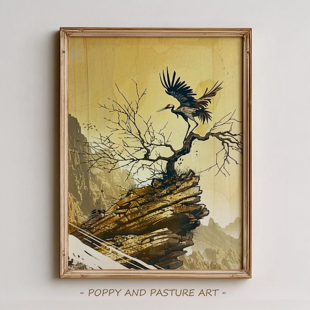 Japanese Crane Pine Tree Art Print, Sumi-e Zen Landscape (digital ...
