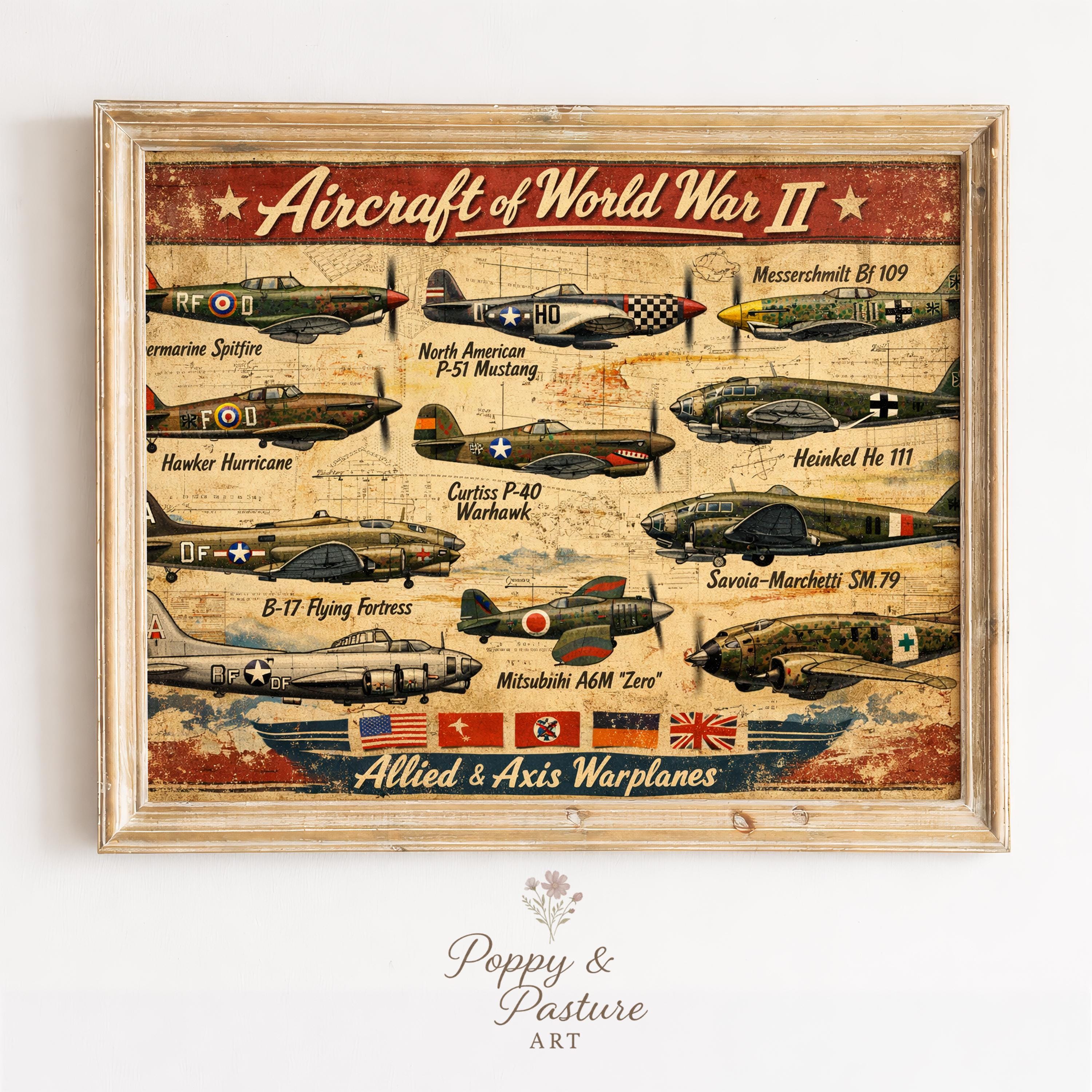WWII Aircraft Collage – Allied Axis Warplanes, Retro Military Poster ...