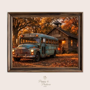 Vintage Turquoise School Bus Painting, Rustic Autumn Wall Art, Cozy Old-World Schoolhouse Print, Farmhouse Printable Art Decor Download