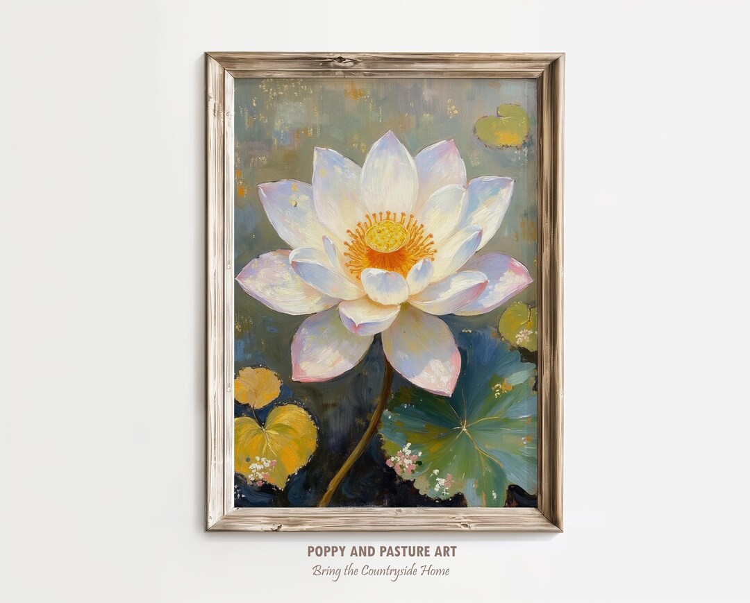 White Lotus Flower Art Print - Elegant Floral Wall Art, Golden Leaves ...