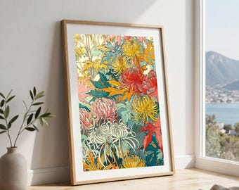 Japanese Chrysanthemum Botanical Print – Vintage Floral Poppies Peonies Wall Art
