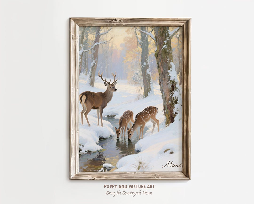 Winter Deer Family Print – Rustic Snowy Forest, Cottagecore Art ...