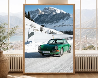 Vintage Green Sports Car on Alpine Road - Retro Winter Landscape Printable Wall Art, Snowy Mountain Decor, Classic Automotive Print