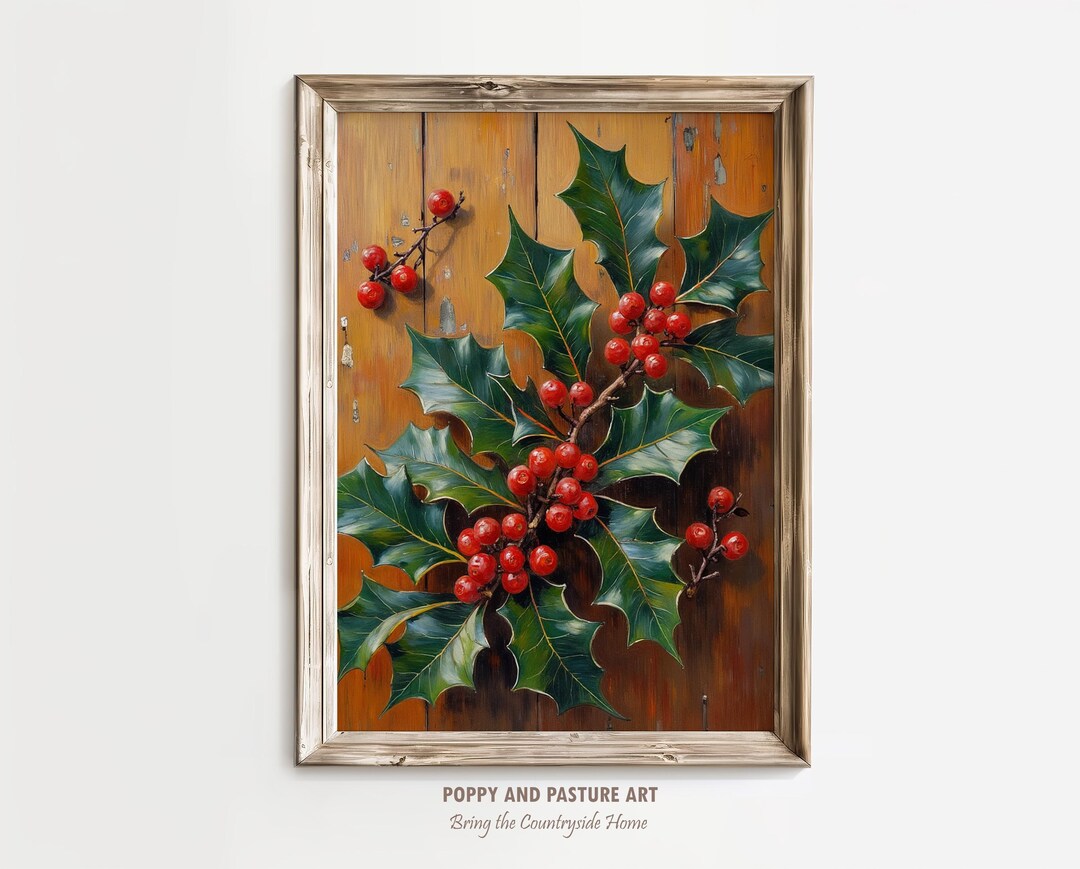 Rustic Holly Rustic Holly Branch With Bright Red Berries - Festive Holiday Wall Art ...