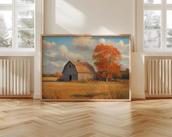 Rustic Autumn Barn Painting, Golden Harvest Field Printable Wall Art