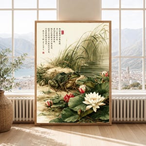 Vintage Japanese Frog Lotus Pond, Botanical Printable Wall Art