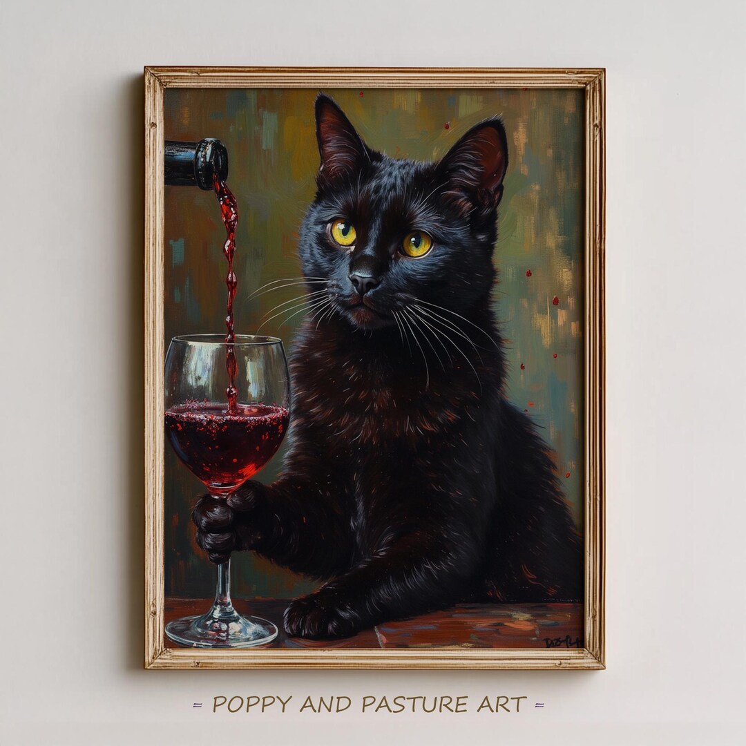 Gothic Black Cat Wine Art Print – Farmhouse Wall Decor (digital ...
