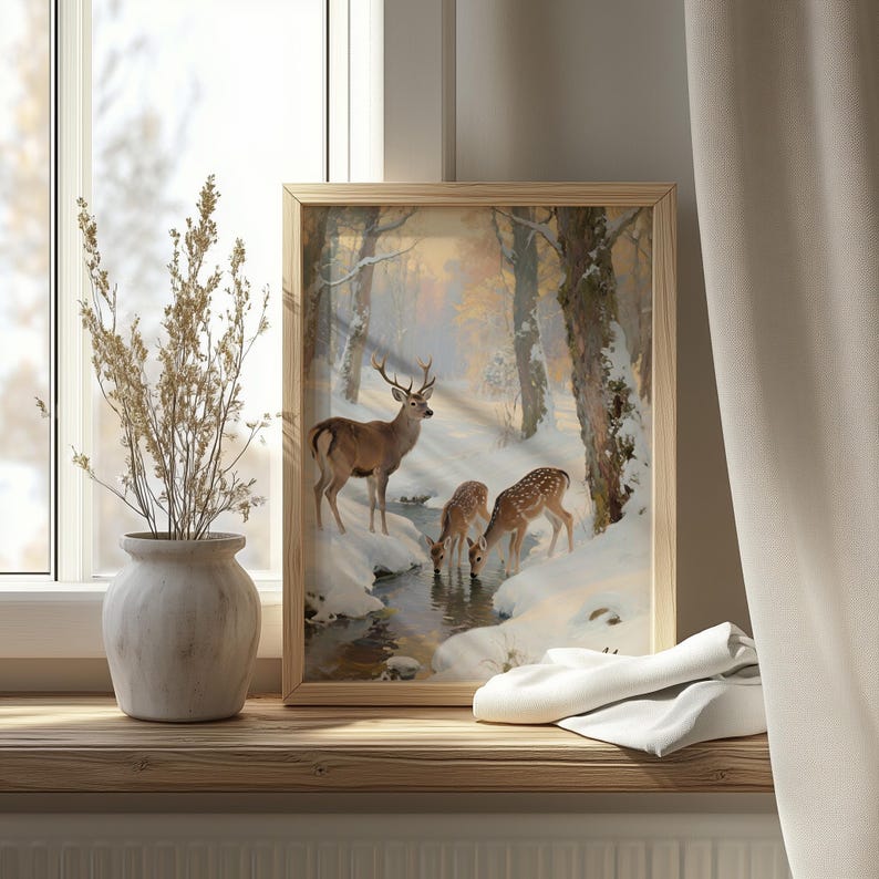 Winter Deer Family Print – Rustic Snowy Forest, Cottagecore Art ...