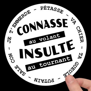 Ronde sticker: Teef achter het stuur, belediging bij de bocht – humoristische sticker voor op de auto