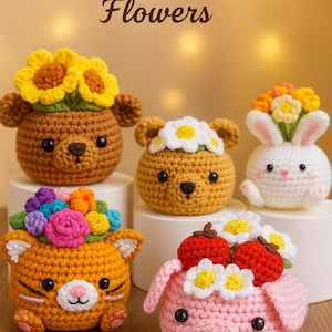 Blossom Critter Pots Crochet Pattern Bundle PDF, Cute Flower Animal Pot Designs: Sunflower Bear, Strawberry Pig, Bunny, Daisy Cat & More