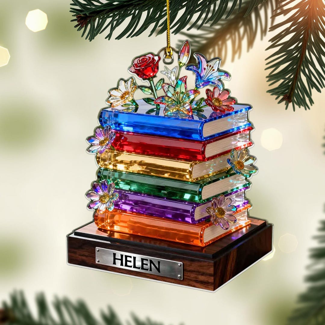 Personalized Book Stack Christmas Ornament, Colorful Acrylic Floral ...