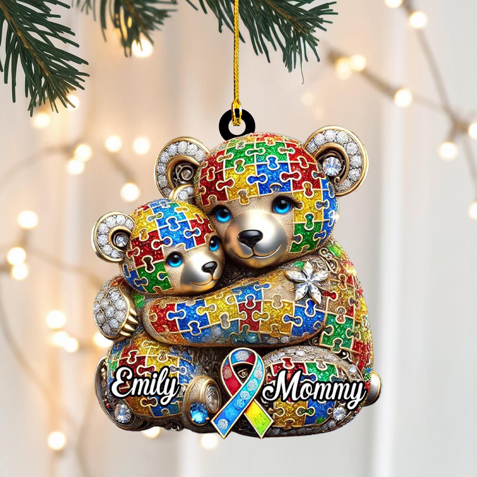 Discover Autism Awareness Christmas Ornament, Puzzle Pattern Bear Ornament, Personalized Family Keepsake Gift for Mom and Child