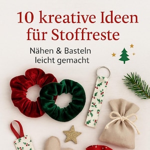 Könnte beinhalten: Eine Auswahl an handgefertigten Bastelarbeiten, darunter Scrunchies, ein Schlüsselanhänger, ein kleiner Beutel mit Kordelzug, ein herzförmiger Schmuck und eine rote Stofftasche mit weißen Sternen. Die Artikel sind in Rot-, Grün- und Beigetönen gehalten, mit festlichem Thema.