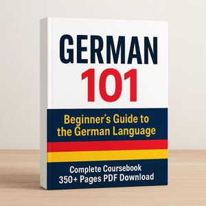 Pode incluir: Um livro branco intitulado "GERMAN 101" em azul marinho e vermelho. É um guia para iniciantes da língua alemã, com um curso completo e mais de 350 páginas disponíveis para download em PDF. O livro tem uma faixa azul marinho, vermelha e amarela.