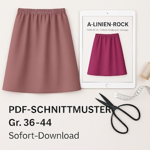 Puede incluir: Una falda en forma de A de color rosa polvoriento con cintura elástica. Una tableta muestra una falda similar en magenta, con el texto "A-LINIEN-ROCK". También se ven unas tijeras, una cinta métrica y el texto "PDF-SCHNITTMUSTER Gr. 36-44 Sofort-Download".