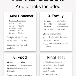 May include: An A1-A2 German language course eBook with audio links. The image shows sections on grammar, family, food, and a final test. Vocabulary includes fruits, vegetables, and basic phrases. Text is black on a white background.