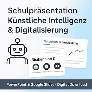 Könnte beinhalten: Eine digitale Präsentation über künstliche Intelligenz und Digitalisierung. Das Bild zeigt eine Roboterillustration sowie Diagramme und Text auf Deutsch. Die Präsentation behandelt Themen wie Geschichte, Entwicklung und Risiken der KI.